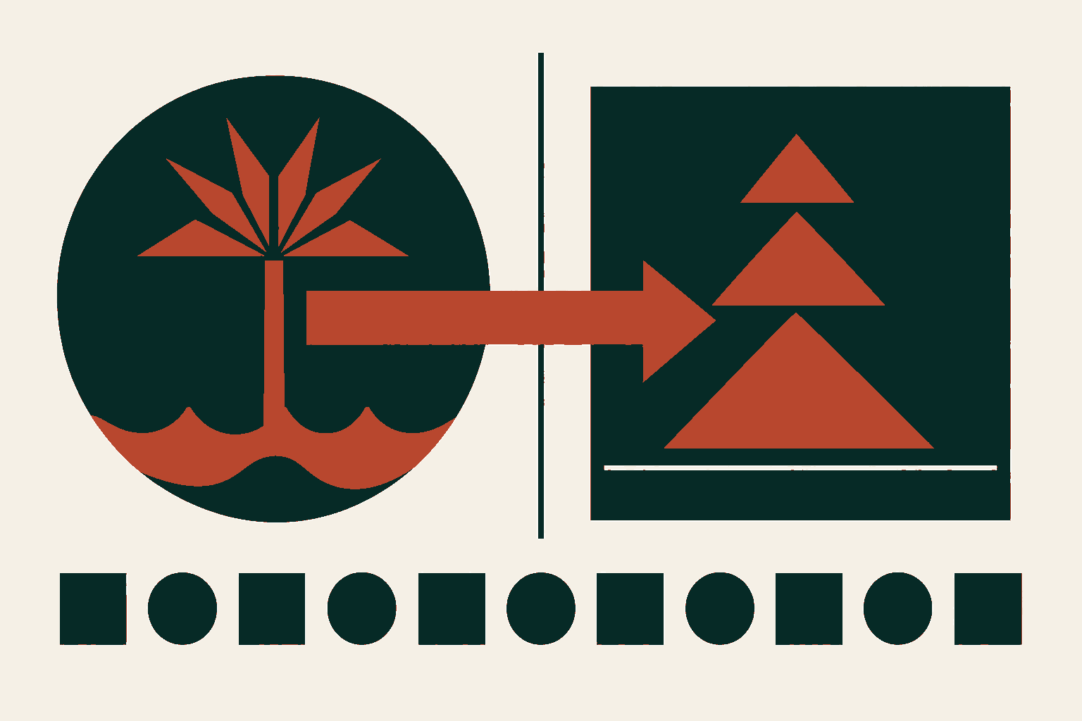 Flat geometric illustration: a circular island emblem with a palm and wave band on the left, a bold arrow crossing to a square panel of stacked peaks on the right, representing Curaçao's licensing reform and Alberta's regulated market launch.